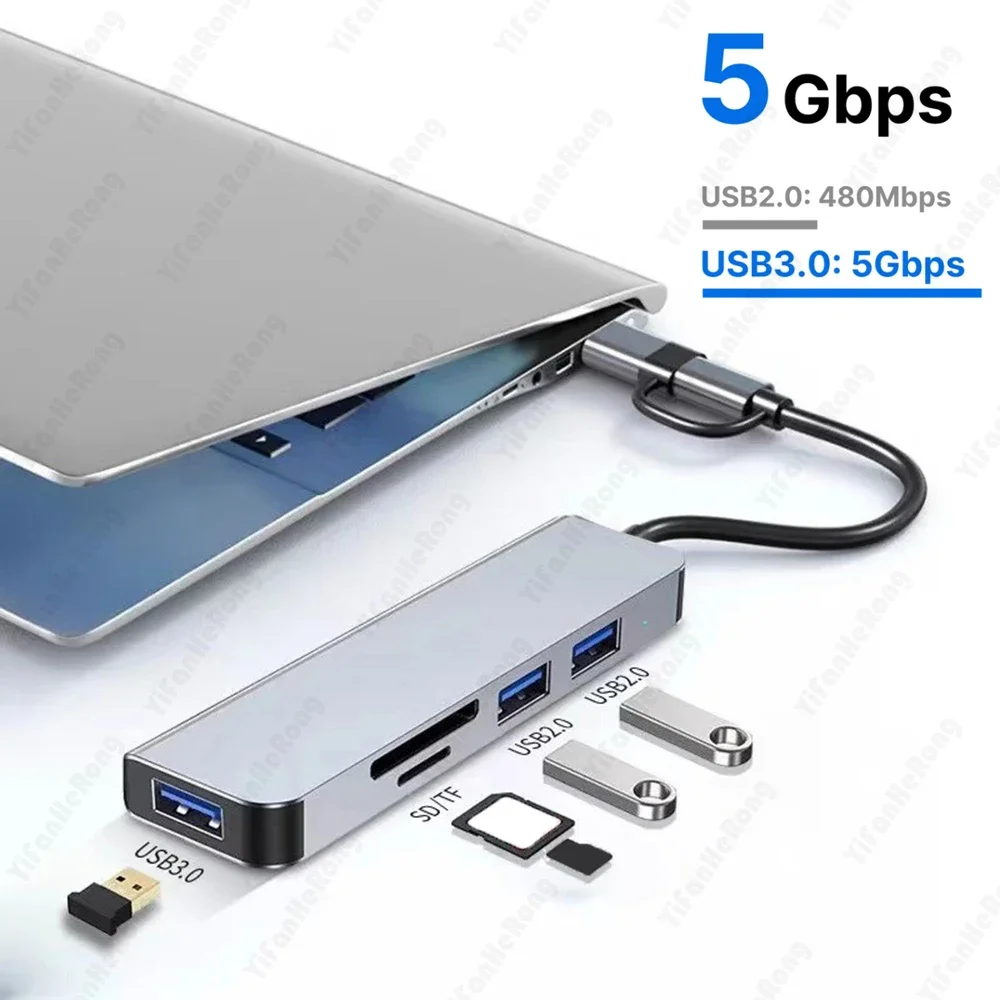 5 в 1 USB-концентратор типа C USB-C к USB3.0 концентратор для чтения карт SD адаптер