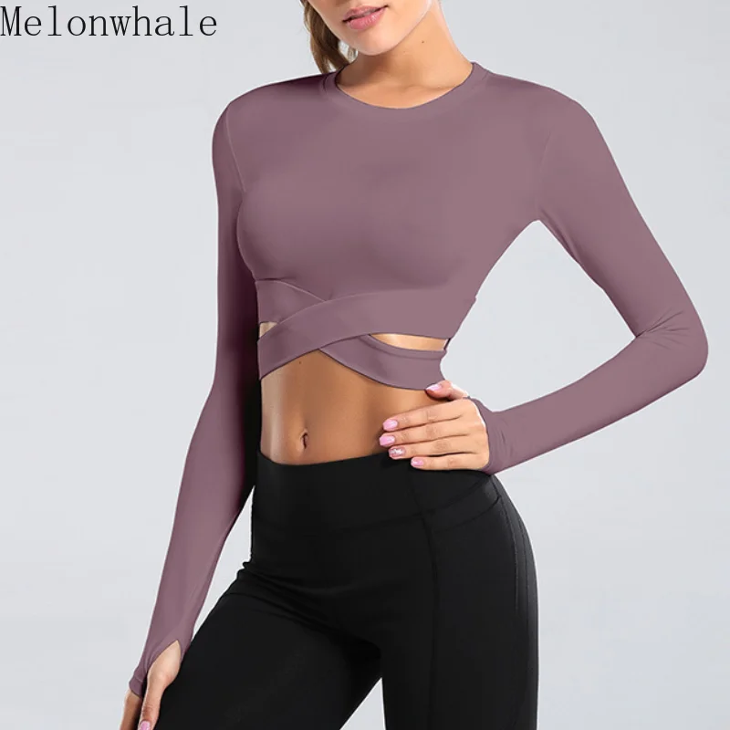 

Melonwhale 2022 New Fashion European American Tight-fitting Sports Women's Long Sleeve Short Fitness Training Yoga Tops GA025