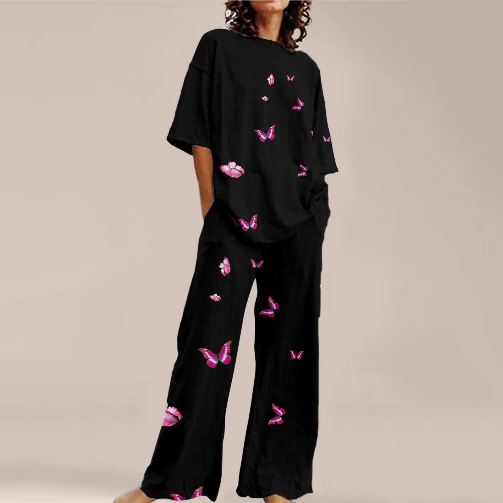 

Women Two Piece Set Fashion Lapel Solid Button Sleeveless Top Loose Wide Legs Lace Up Pockets Pants Sets Floral Print Top