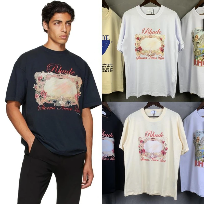 

Oversized RHUDE Tshirt 1:1 High Quantity Storms Never Last HD Rose Mirror Men Women Short Sleeve Tee