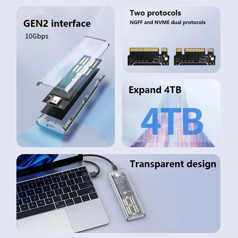Корпус M.2 NVME поддерживает PCIe/NGFF SATA/двухпротокол SSD USB Type C 10 Гбит/с M2 Прозрачный