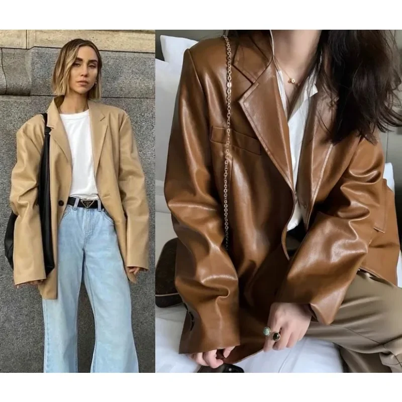Фото FKS @ LUXURY пальто из белковой кожи, нишевая дизайнерская кожаная куртка унисекс с факсами, женское пальто, кожаная куртка свободного силуэта №4
