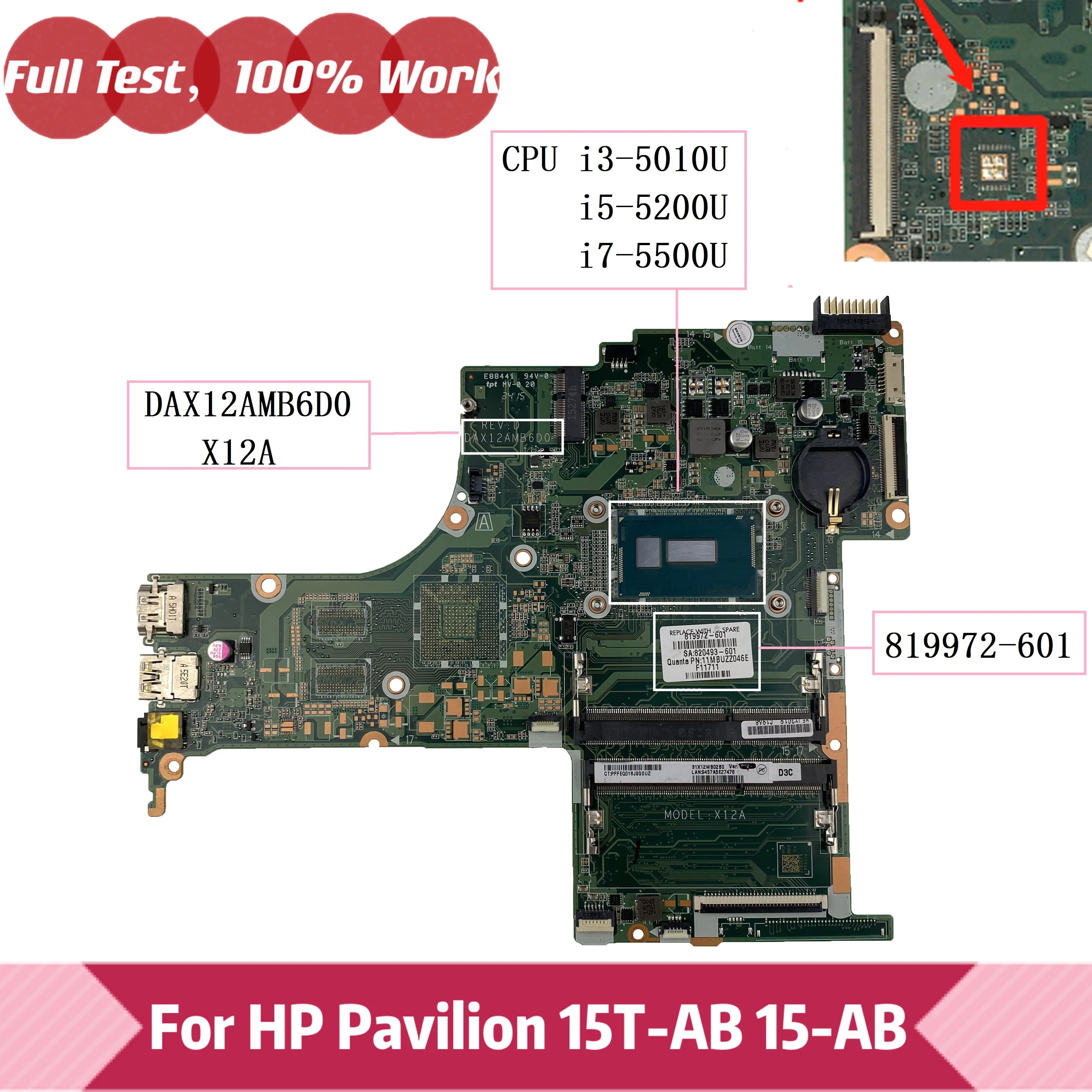 

DAX12AMB6D0 X12A For HP Pavilion 15-AB 15T-AB000 Laptop Motherboard 819972-601 819972-001 819972-501 With i7 i5 i3 CPU Mainboard