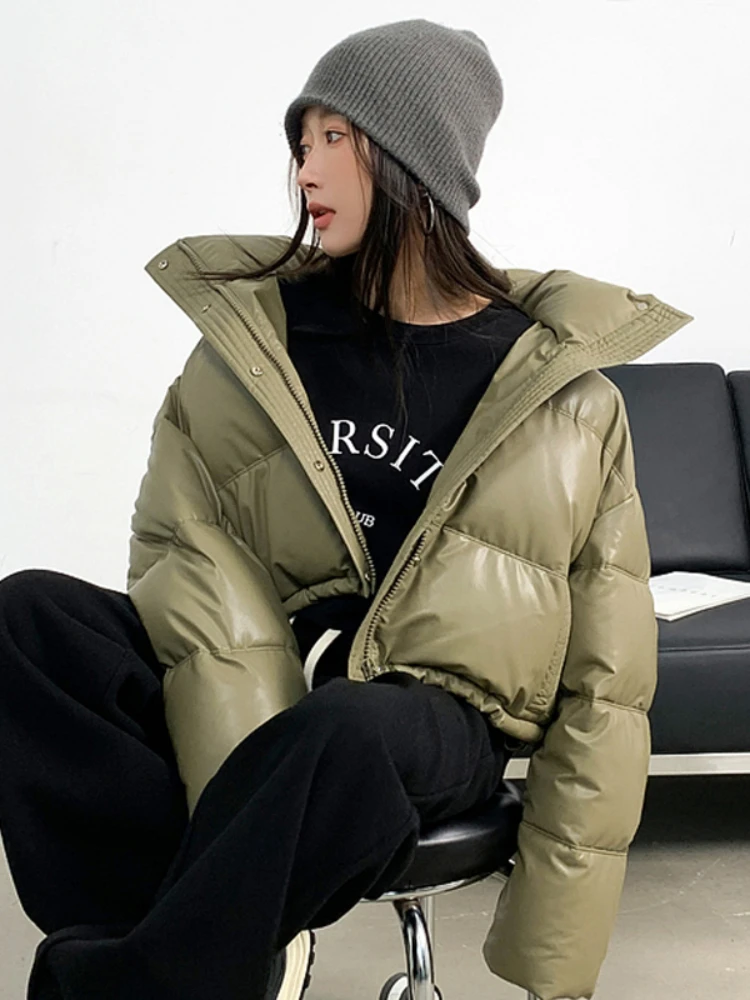 

Куртка из искусственной кожи с хлопковой подкладкой, женская зимняя утепленная куртка с воротником-стойкой, Женская облегающая короткая парка, верхняя одежда из искусственной кожи