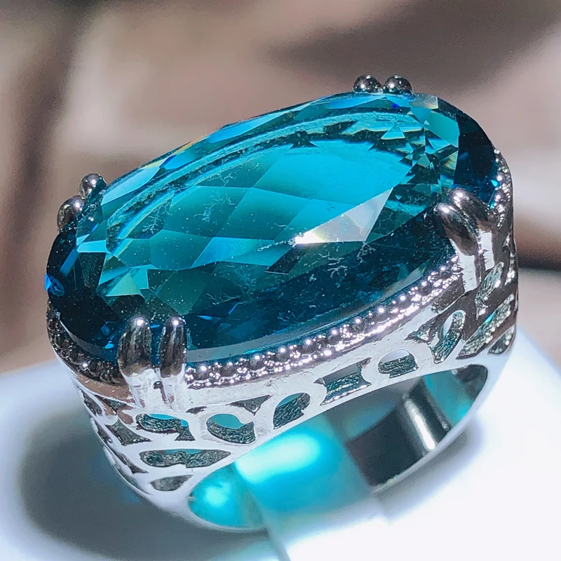 

Luxury Noble Blue Large Gemstone Rings for Women 2023 New Fashion Oval Openwork Silver Color Engagement Anniversary Jewelry