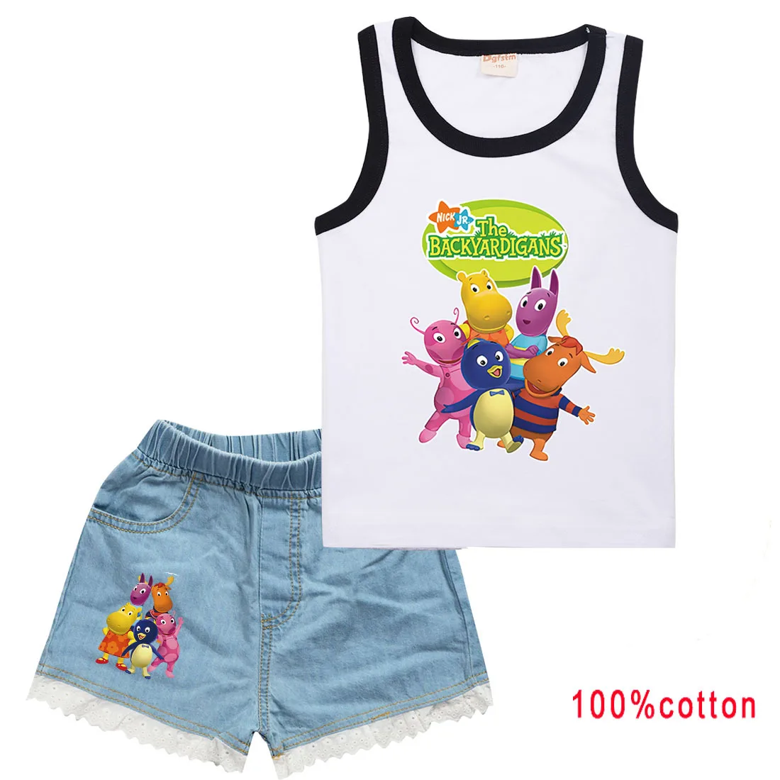 Cute Backyardigans Clothes Kids Sleeveless Tshirt+denim Short 2pcs Sportsuits Boys Summer Tracksuit Toddler Girls Casual Outfits