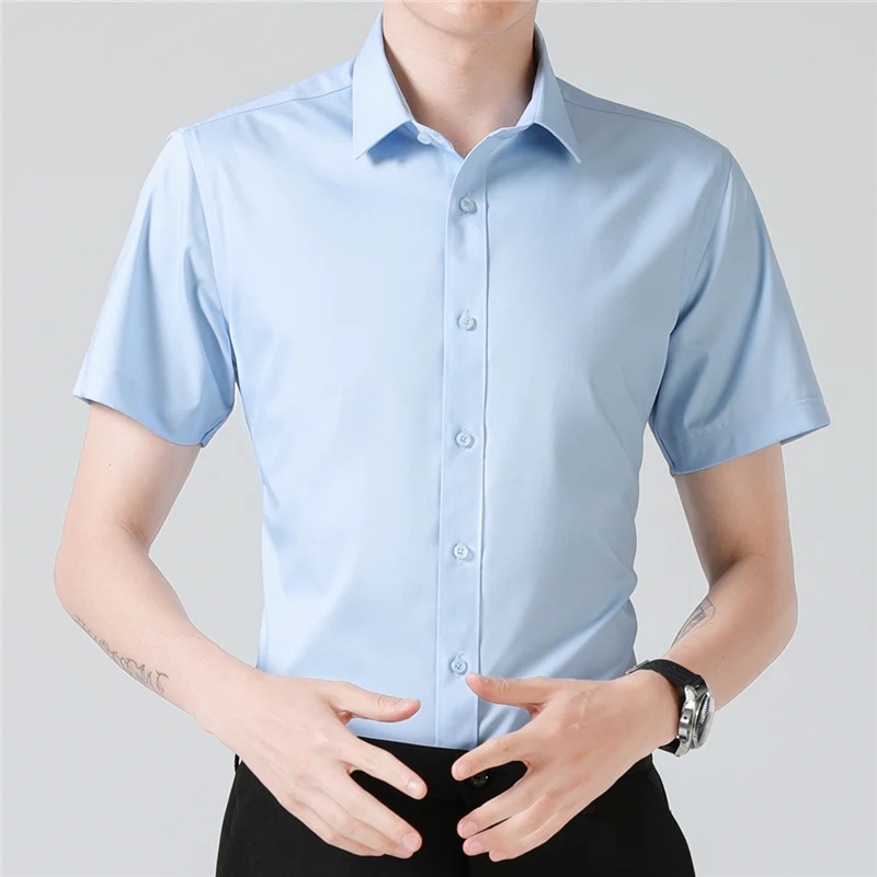 Fashion Dress Shirt Solid Quality Short Sleeve Slim Fit Formal Business Men Shirts
