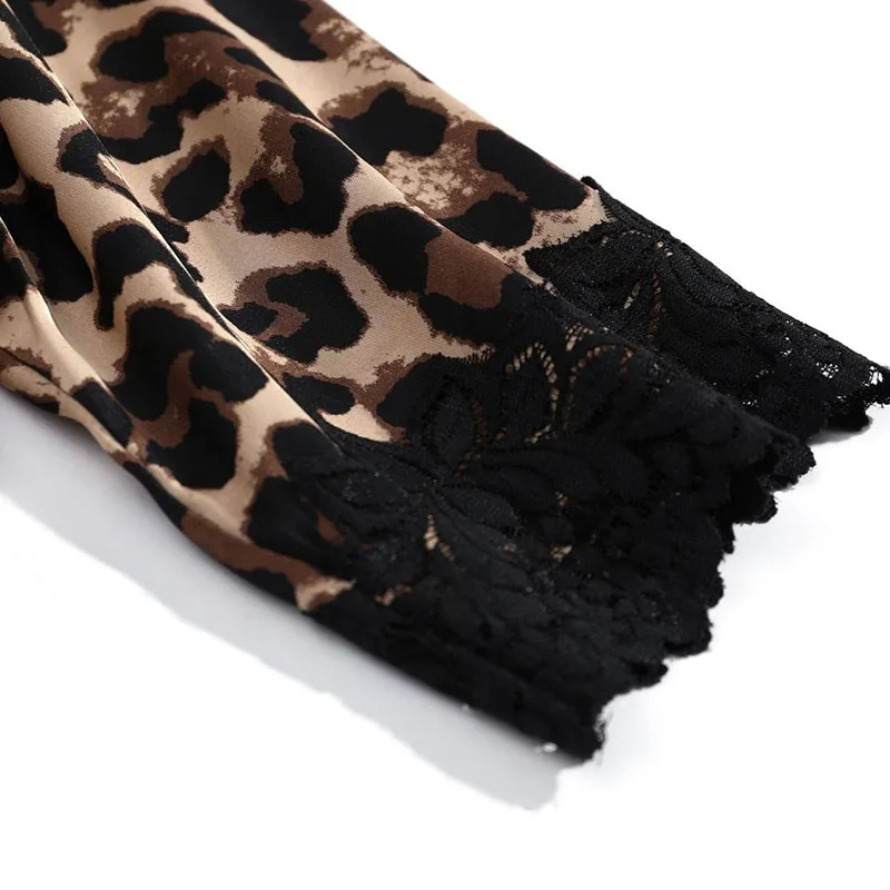 Women's Sleepwear 2 Pcs Sets Satin Silk Sleepwear Leopard Print Robe Nightgown and Sling Lace Mini Dress Pajamas Set