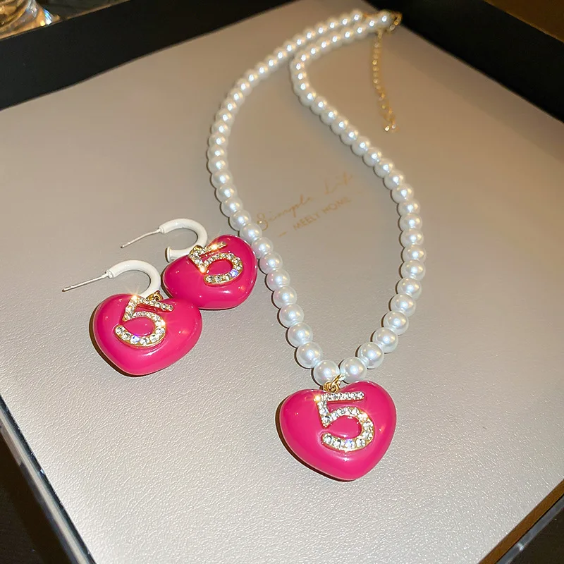 

New Crystal Heart No.5 Pendant Neckalce Rose Pink Peach Pearl Collares