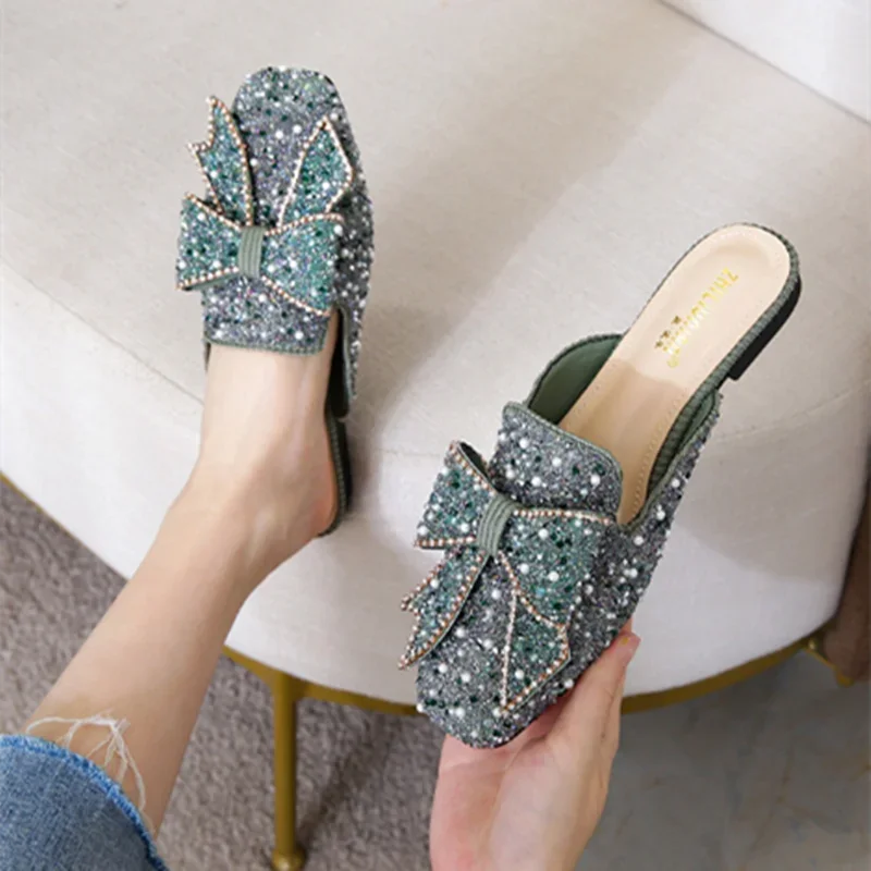 Lady Peal Bow TNew In Slippers Flat Slides For Bare Foot Закрытый носок Черное золото Повседневная обувь