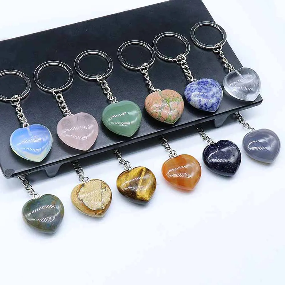 

Natural Stone Keychains Heart Crystal Rose Quartz Opal Tiger Eye Stone Polished Gems Keyring Silver Car Key Holder Decoration