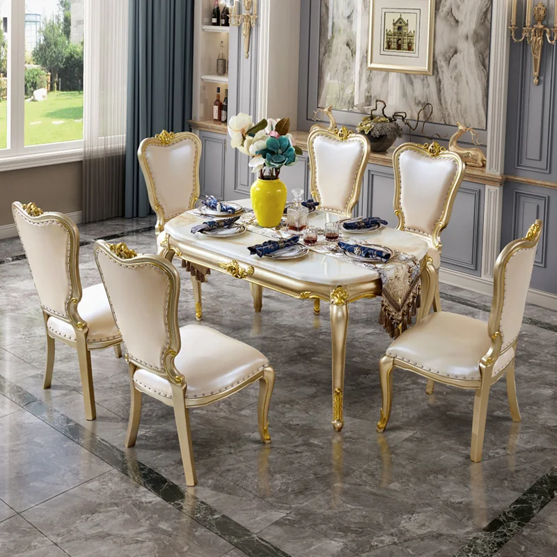 

European style dining table and chair combination small family simple European rectangular marble dining table household solid w