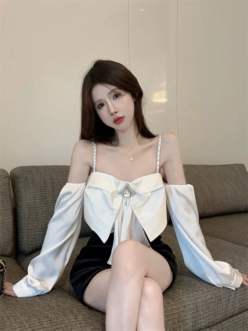 Корейский узел с бантом Короткие топы женская блузка на бретелях-спагетти