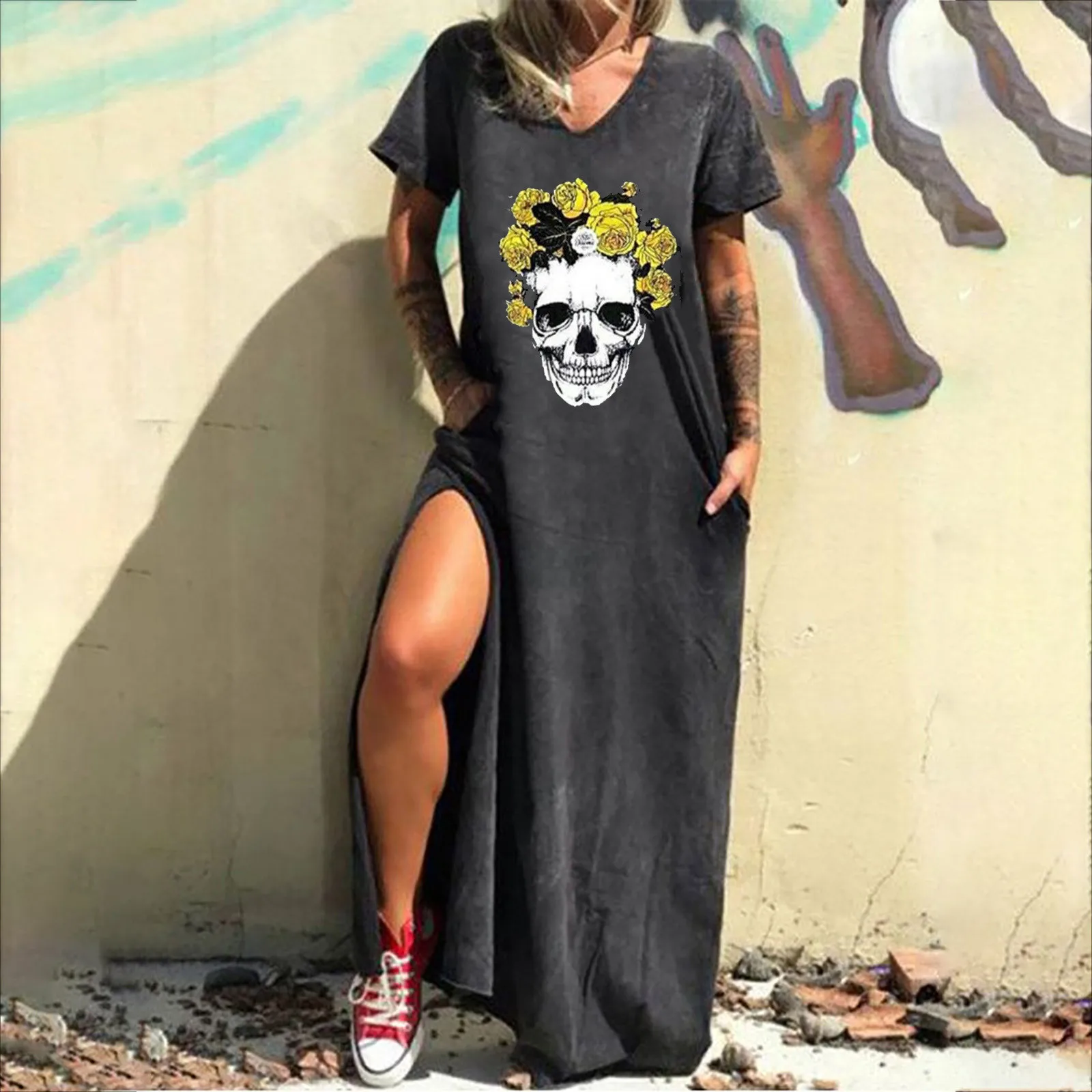 

Summer Slit Women Dresses Skull Skeleton Printing Boho Gothic Punk Dark Loose Casual Dress 2022 Baggy Casual Female Beach Robe
