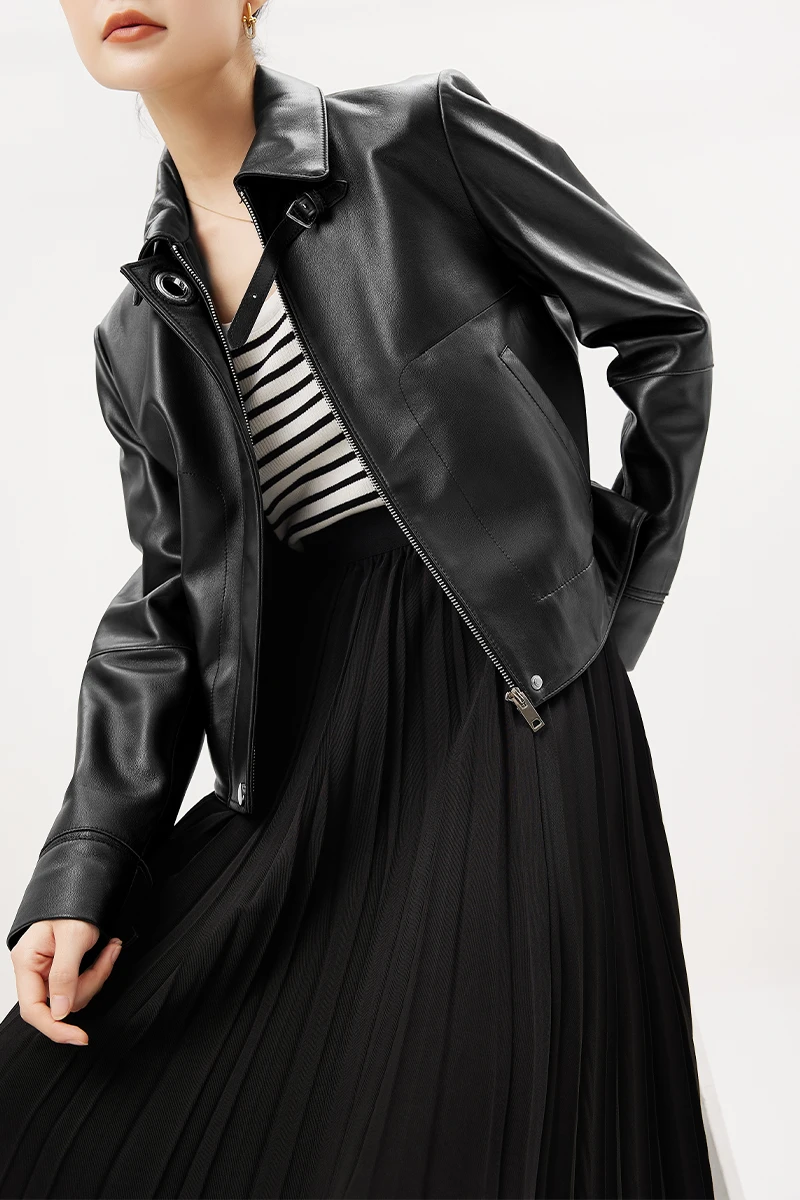 Fashion 2022 New Genuine Leather Jacket Women  Spliced  Autumn/Winter  Streetwear  Zipper  Sheepskin Crop Top Blazer Femme