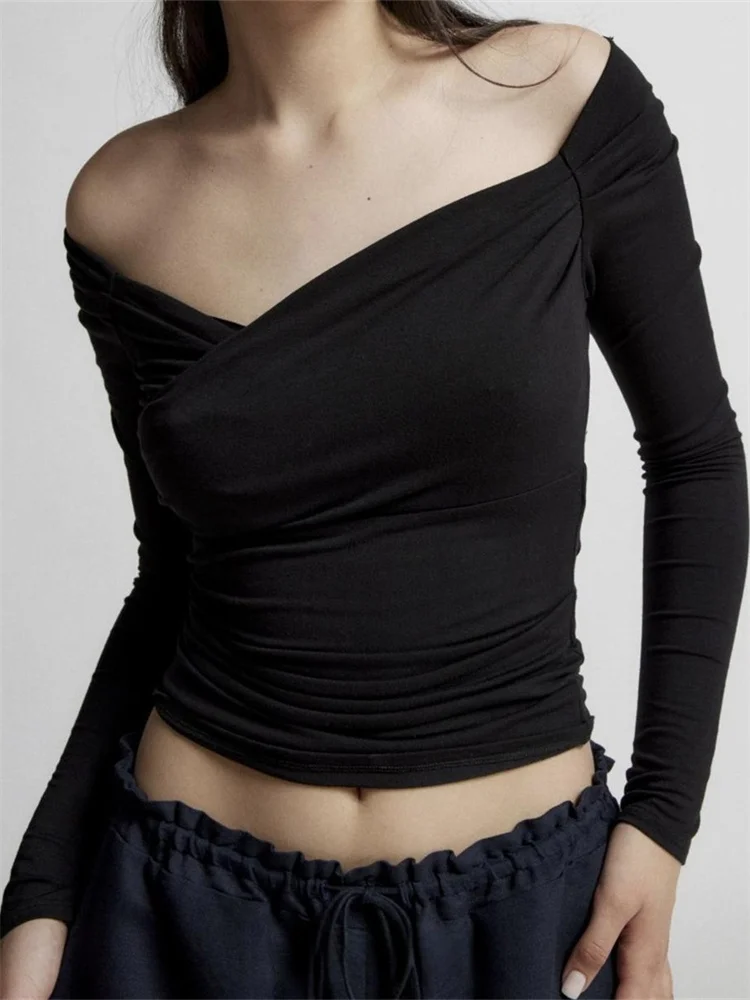 

Женские сексуальные футболки CHRONSTYLE с глубоким вырезом, топы с открытыми плечами, однотонные облегающие футболки с длинным рукавом и рюшами, уличная одежда, новинка 2023