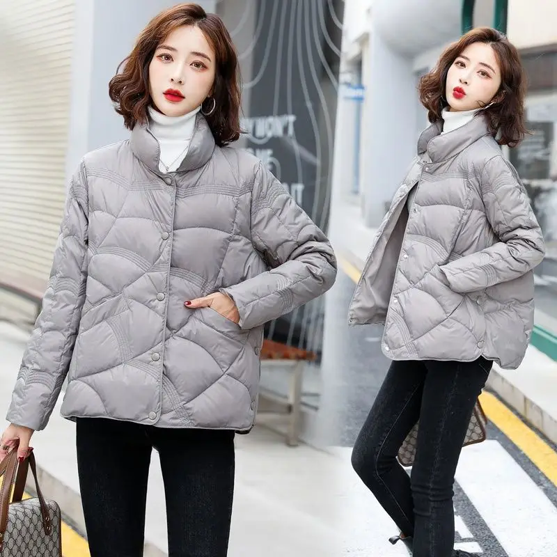 2023 New Winter Down Warm Women White Duck Down Coat Long Jacket Autumn Slim Pocket Loose Outwear Stand Collar Ladies M10