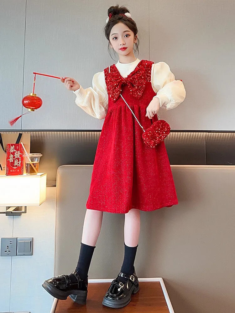 2023 Girls Fleece-lined Dress Winter New Children's Two-piece Set Year Greeting Clothes Western Sle Red Princess Skirts