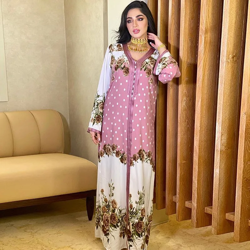 Middle East Women's Muslim Beaded Handmade Belt Long Dress Abayas for Women Dubai Summer Mesh Breathable Four Seasons Universal