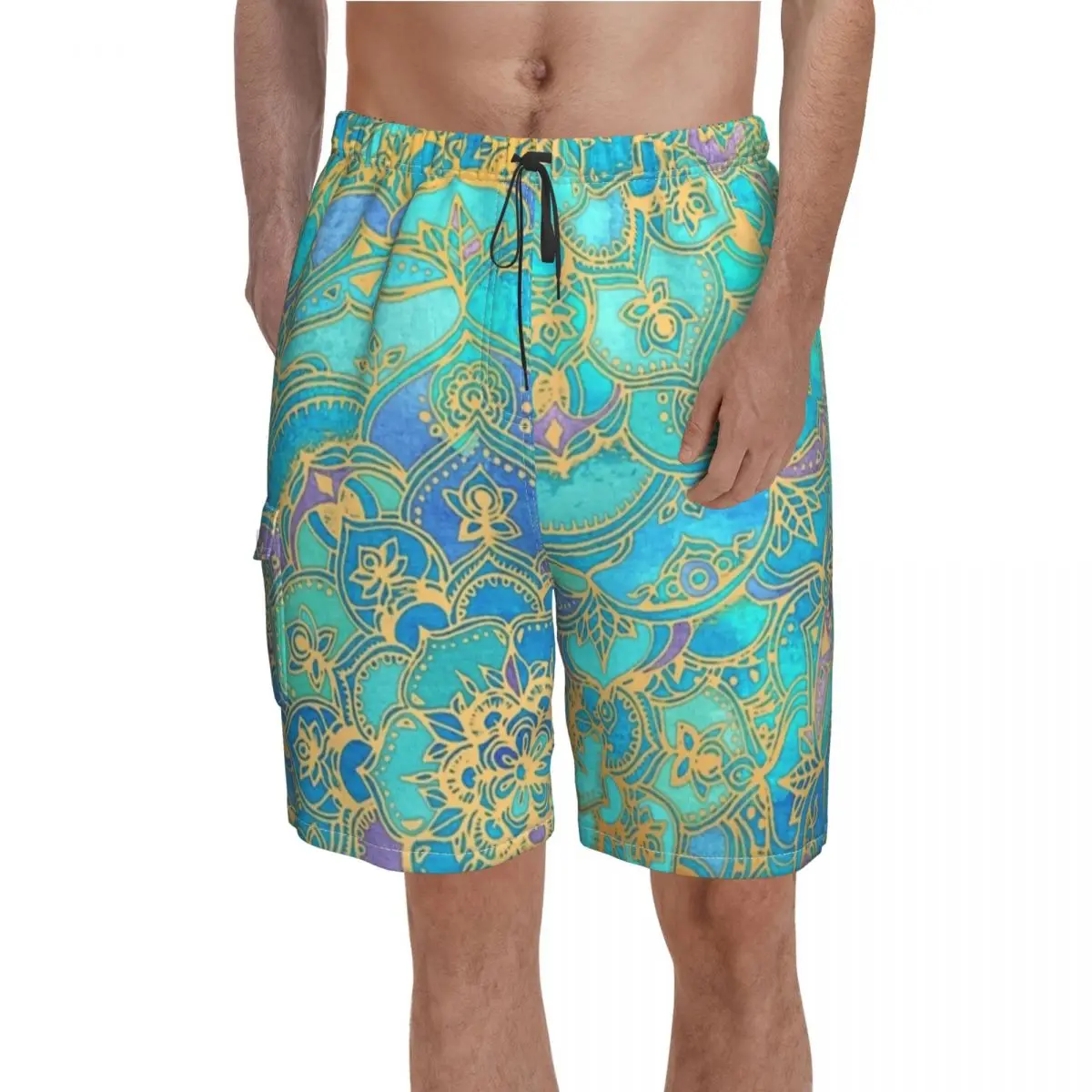 

Metallic Gold Retro Board Shorts Trenky Boho Mandalas Printing Beach Shorts Men's Elastic Waist Pattern Swimming Trunks