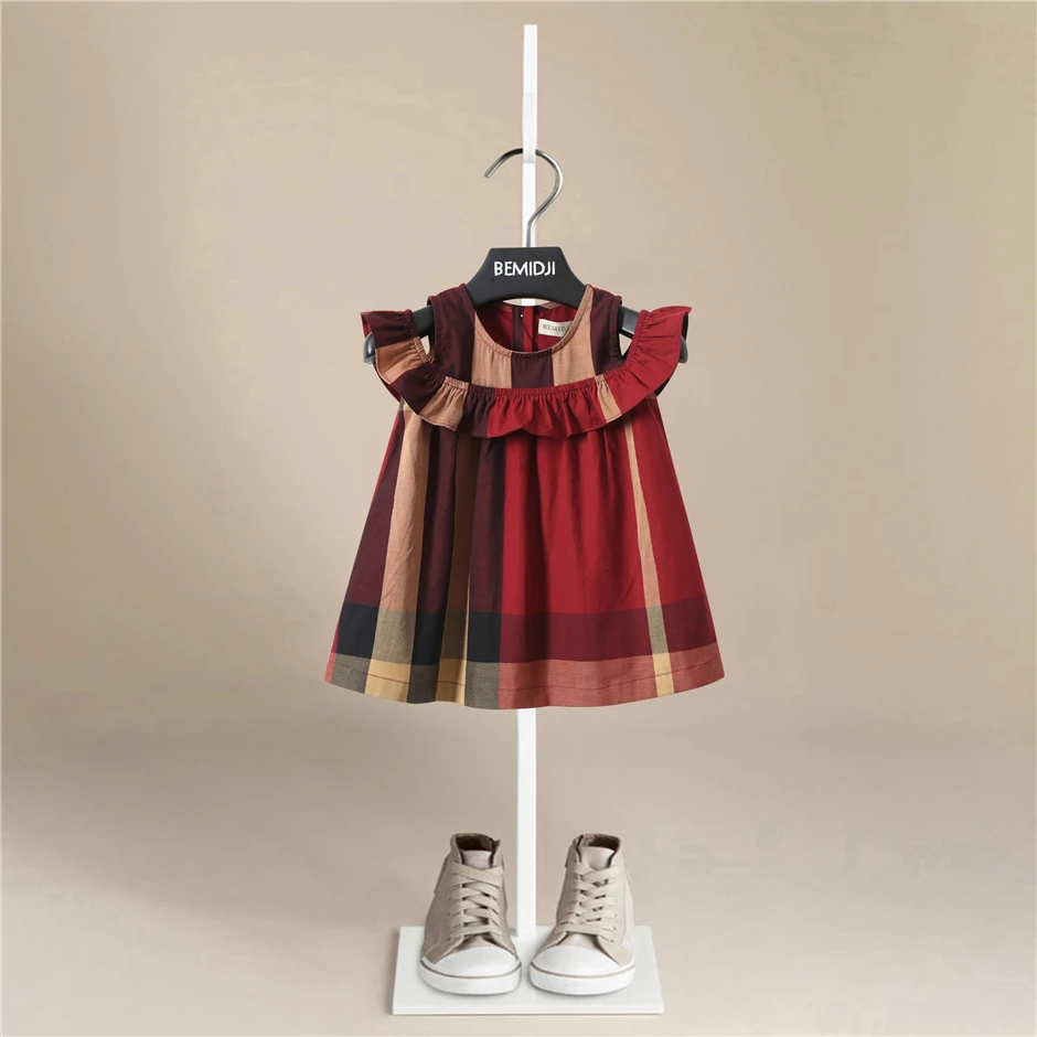 

Модная одежда для маленьких девочек, летнее Полосатое клетчатое платье принцессы с летающим рукавом, элегантный милый детский костюм для м...