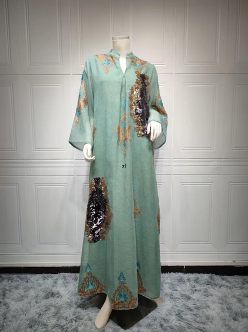 Maxi Morocco Dress Muslim Women Abaya India Stand Collar Abayas Enbroidery Sequins Party Dresses Kaftan Longue Vestidos Largos