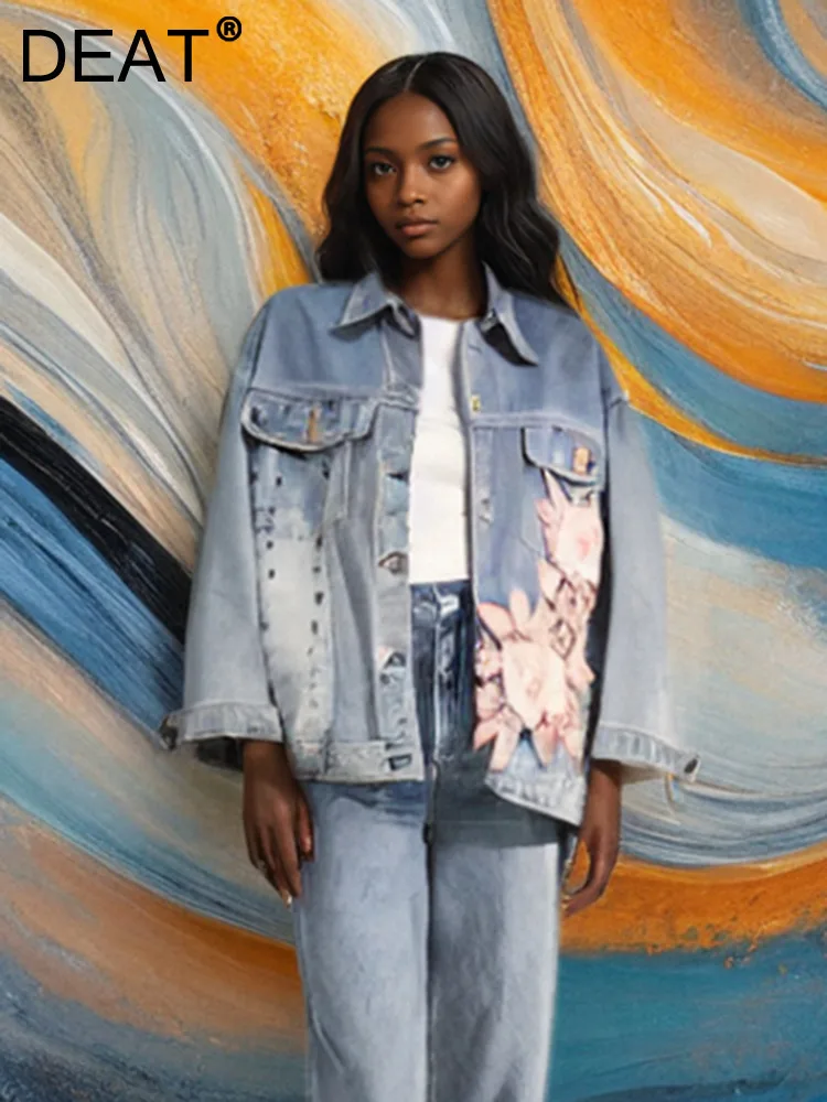 Женская джинсовая куртка DEAT с длинным рукавом и отложным воротником 3D заклепками