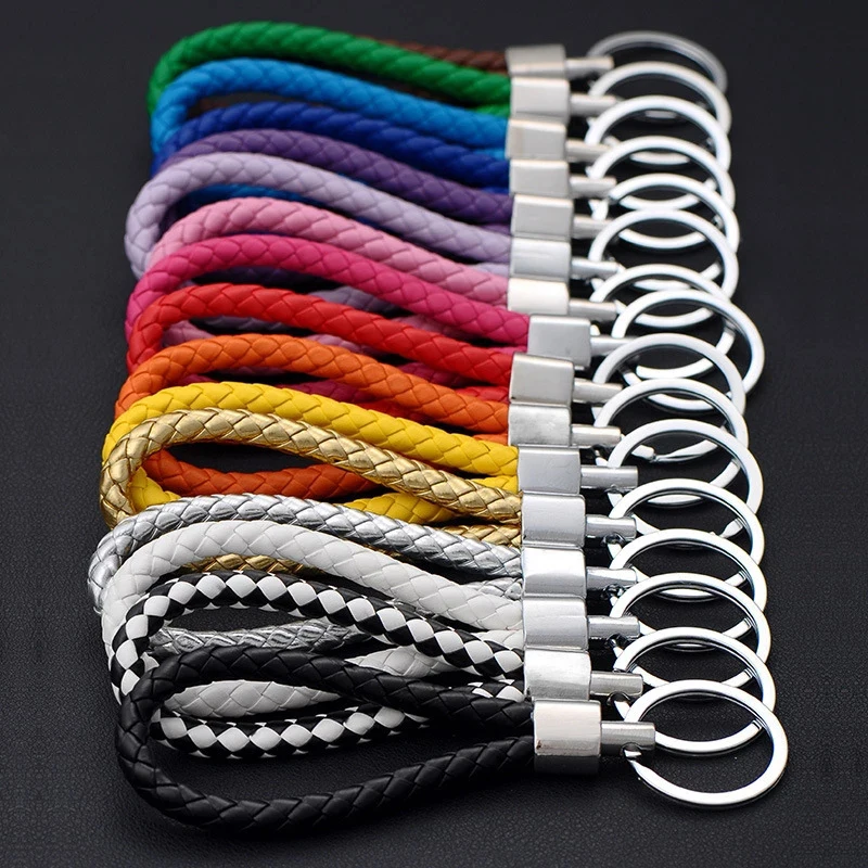 

Colorful Pu Leather Braided Woven Rope Keychains Double Rings Fit Diy Bag Pendant Key Chain Car Keyrings Men Women Small Gift