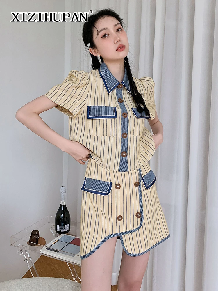 

XIZIHUPAN Vintage Two Piece Set For Women Lapel Short Sleeve Tops High Waist Irregular Skirts Colorblock Striped Sets Female New