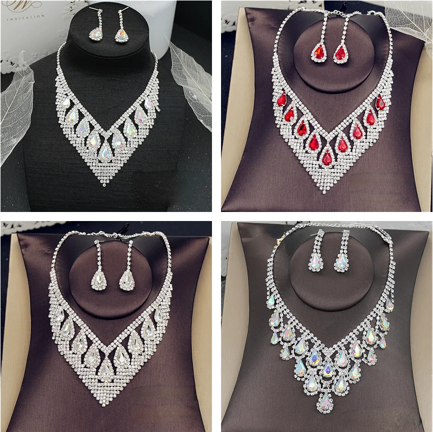 

New European and American Hot-selling Bridal Necklace Set Exquisite High-end Crystal Tassel Necklace and Earrings Two-piece Set
