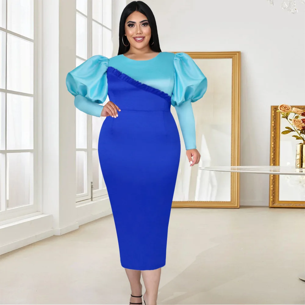 

Evening Party Dress Women Elegant Long Lantern Sleeve O Neck Patchwork Blue Slim Bodycon Dress Ladies Shiny Pencil African Dress