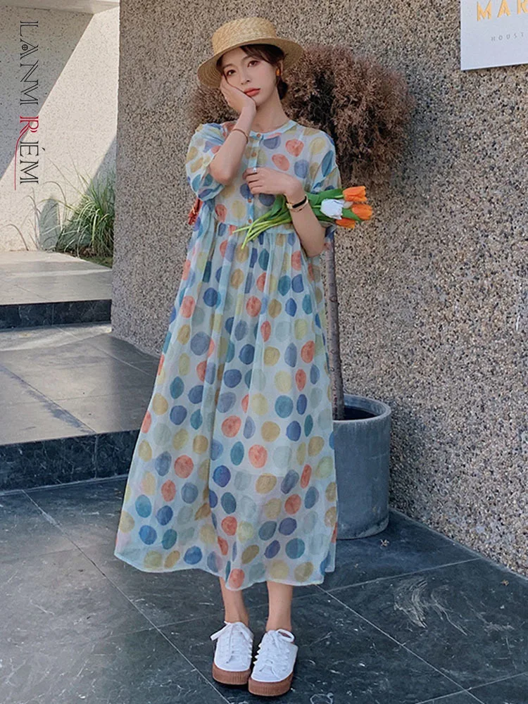 

LANMREM Chiffon Long Printing Dress Thin Fabric Round Neck Loose Dot Casual Dresses Female Holiday Clothing 2022 Summer 2R2181