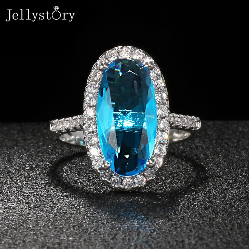

JellyStory Classic Silver 925 Jewelry Oval Gemstones Ring for Women Large Aquamarine AAA Zircon Female Engagement Ring Gift