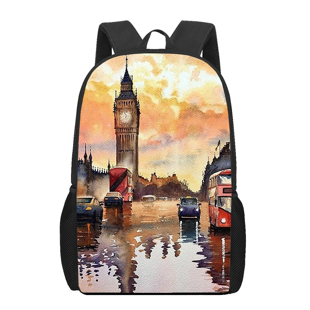 

Watercolor Paintings Landscape Backpack London Big Ben School Bags Oil Painting Art Schoolbag for Teen 16 Inches Student Bookbag