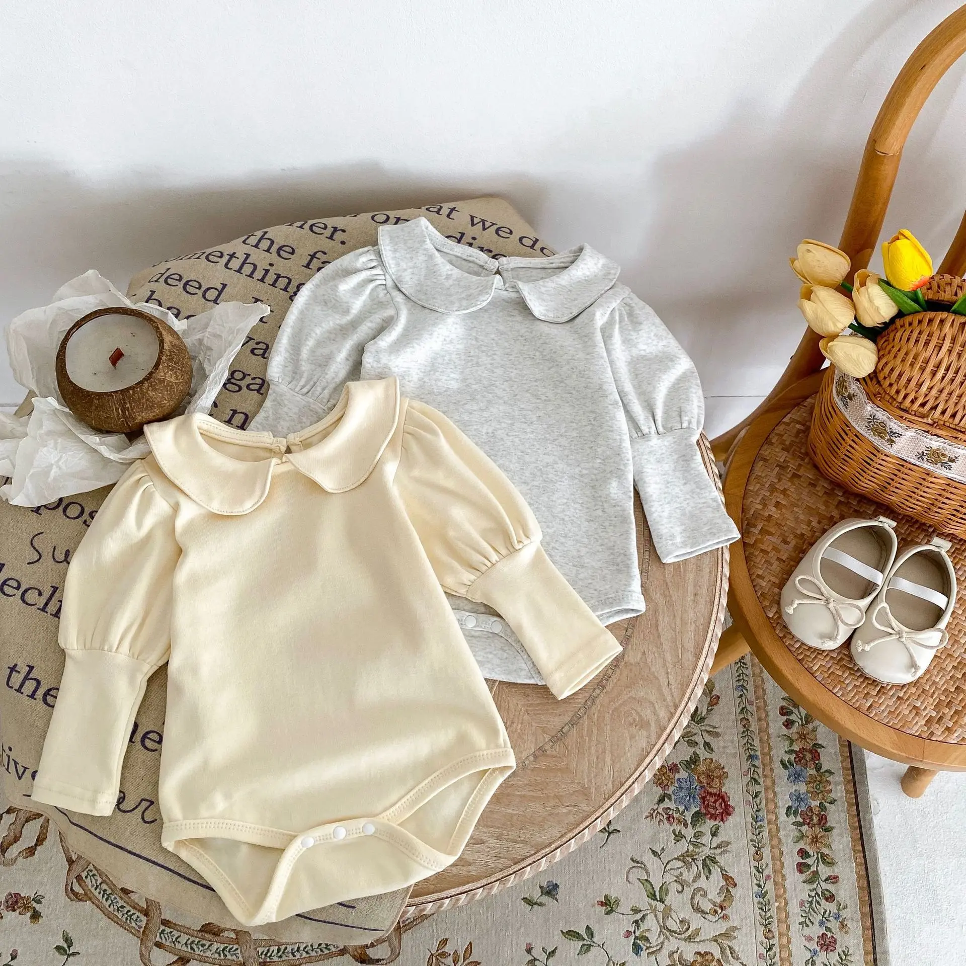 

Осень 2023, Комбинезоны для маленьких девочек, хлопковые однотонные боди с воротником «Питер Пэн» для девочек, боди для девочек, эластичное боди с длинным рукавом для младенцев