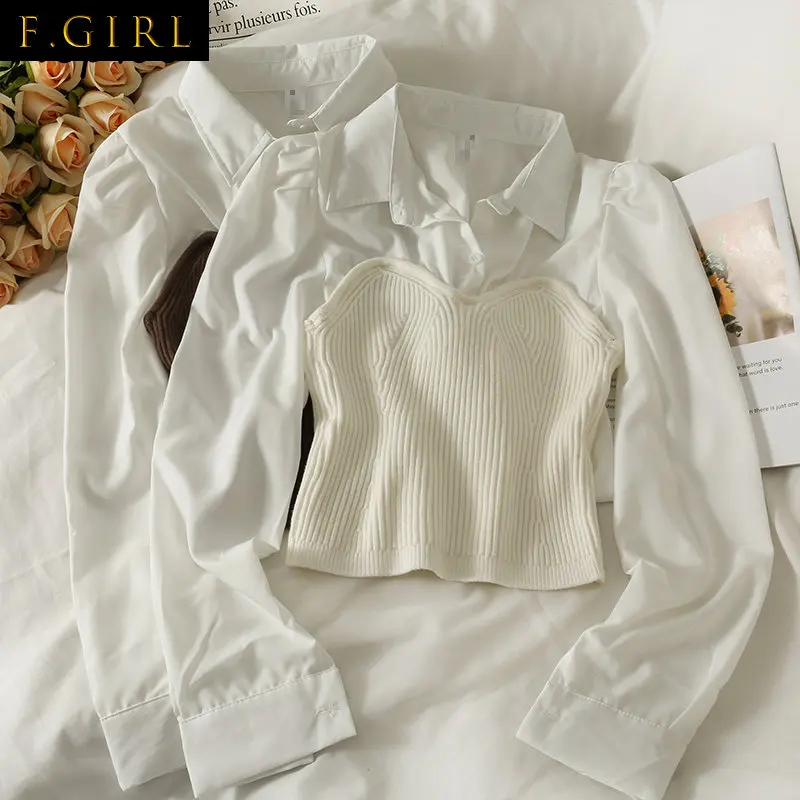 

Элегантные Дамские топы F для девушек во французском стиле, Короткие Вязаные Рубашки с длинным рукавом и отложным воротником, женские рубаш...