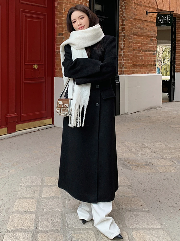 Huali двустороннее кашемировое пальто женское осенне-зимнее элегантное черное