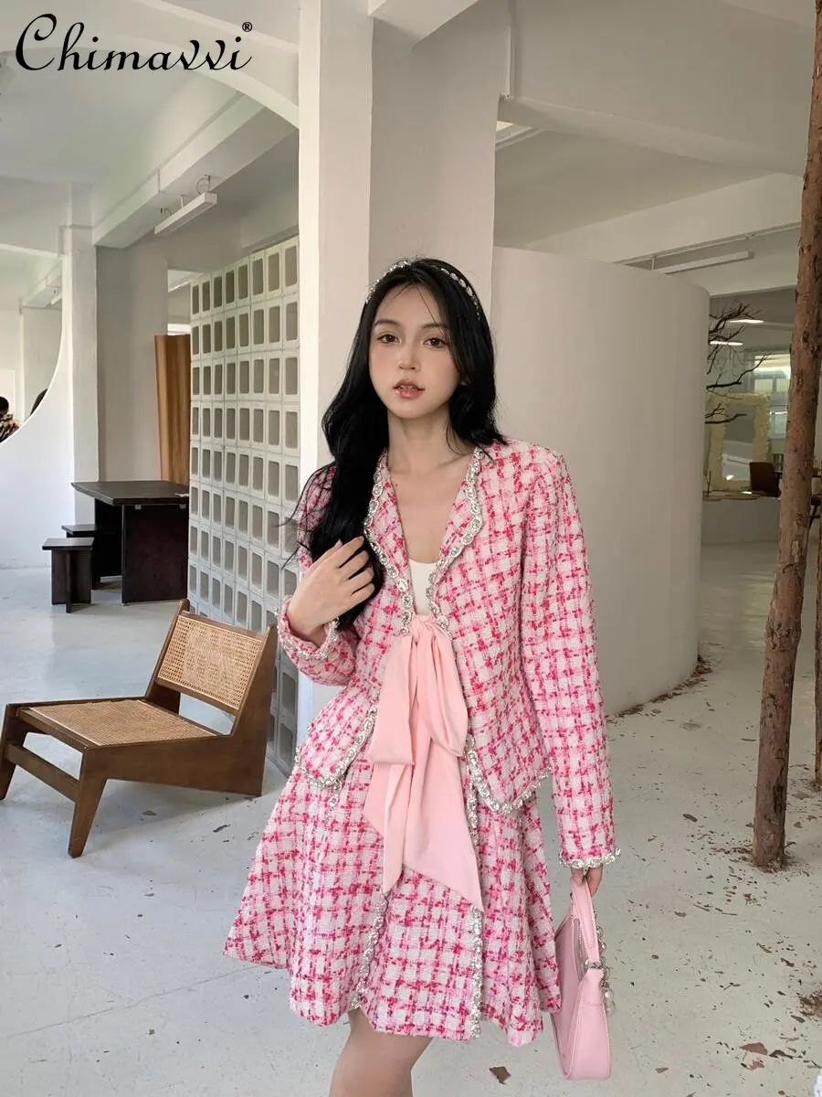 

Fashion Socialite Style Suit Women's French-Style High-Grade Diamond-Embedded Tweed Plaid Coat Pleated Skirt Temperament Twinset