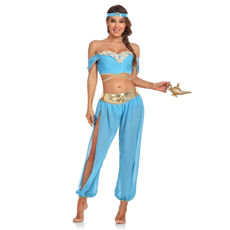 

Halloween Arabian Princess Costume Adult Feminine Jasmine Princess Stage Dress Veil Top Pants Belly Dance Belly Costume Suit