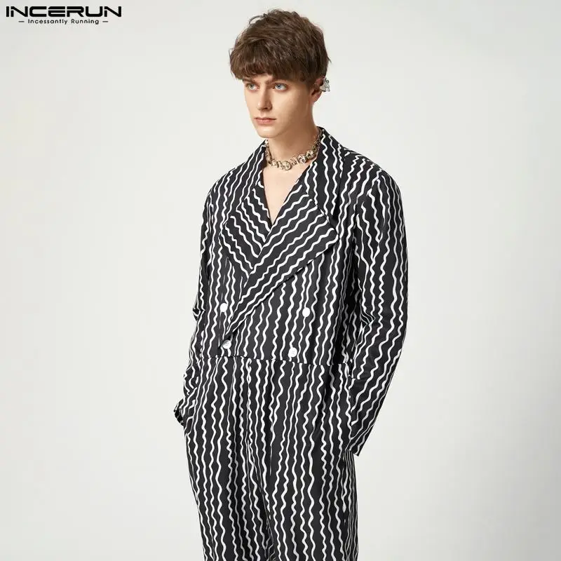 

Комбинезон INCERUN мужской с принтом, двубортный ромпер с отложным воротником и длинным рукавом, Повседневная Уличная одежда свободного покро...
