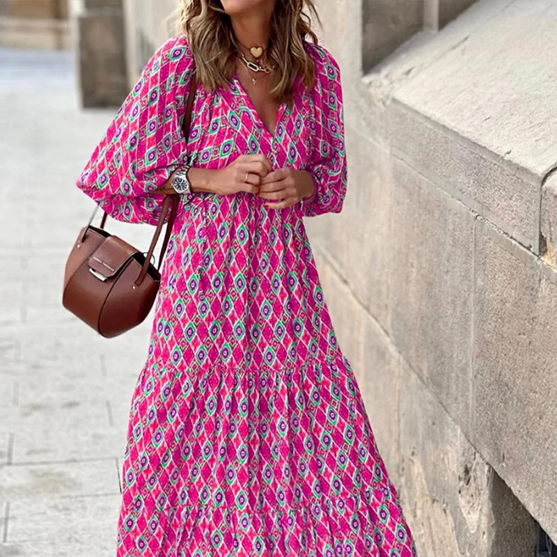 Women Dress Summer Puff Sleeve Boho V Neck Printing Long Dress Loose Holiday Beach Female Casual Floral Dresses Party Vestidos