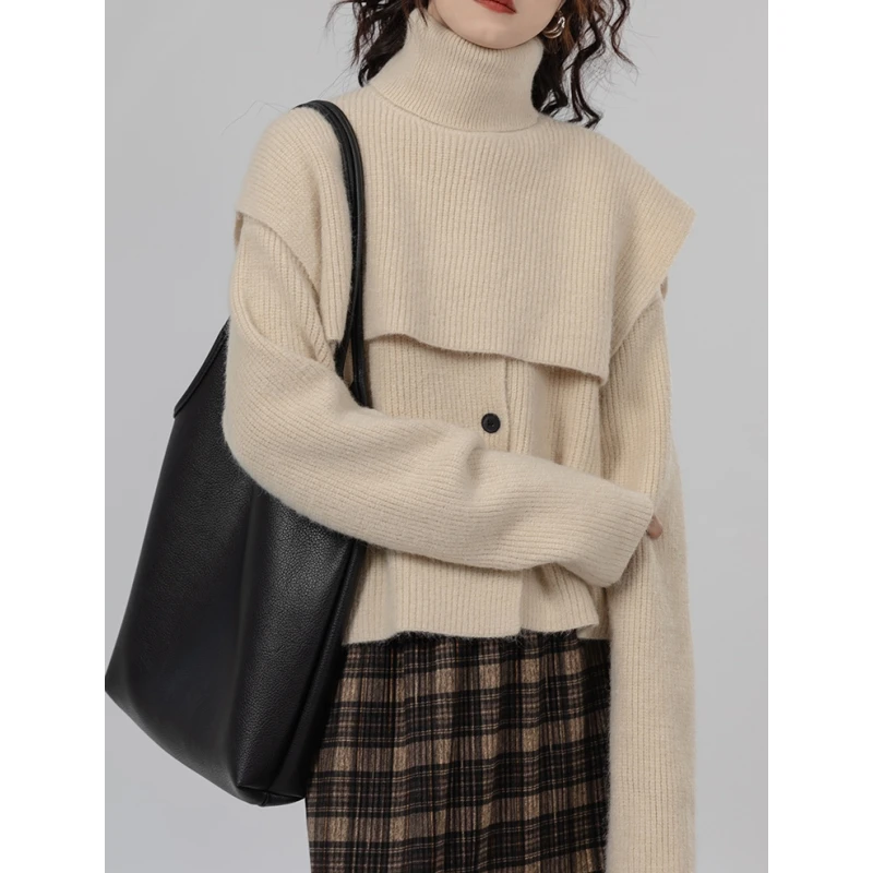 

Women Clothes Apricot Sweater Two Piece Set Fashion Vintage Leisure Loose Winter Female Removable Long Sleeve Knitting Pullover