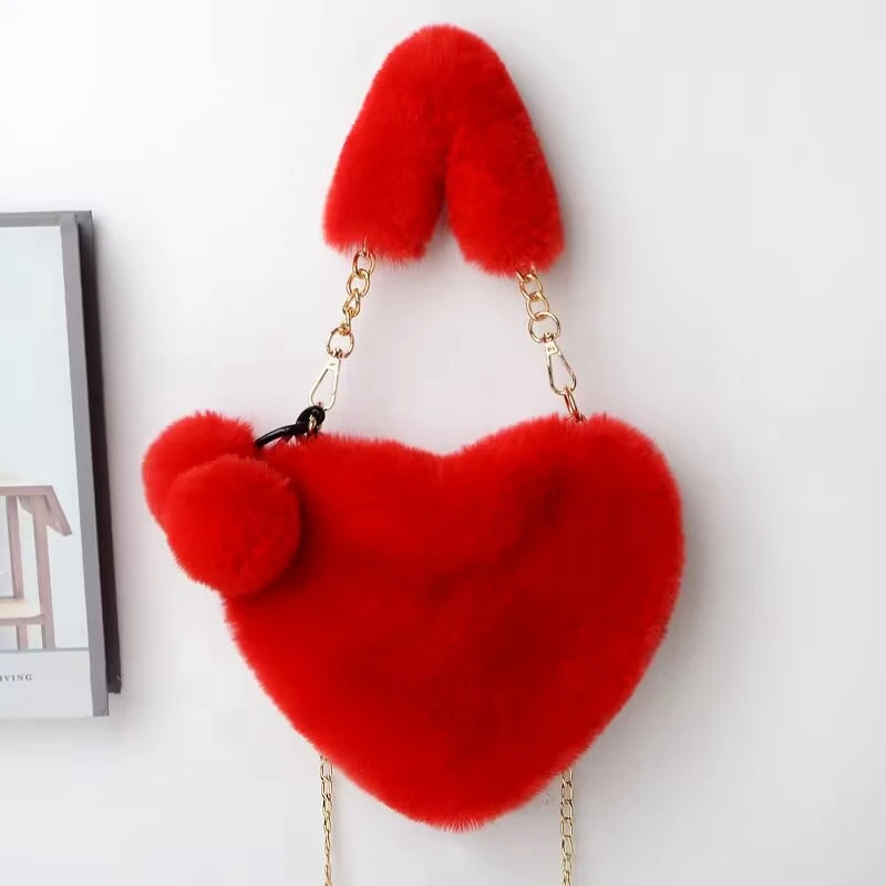 Winter Plush Heart shaped Women's handbag Cute Fashion Chain Shoulder Bag Female Clutch Purse Love Messenger Bag