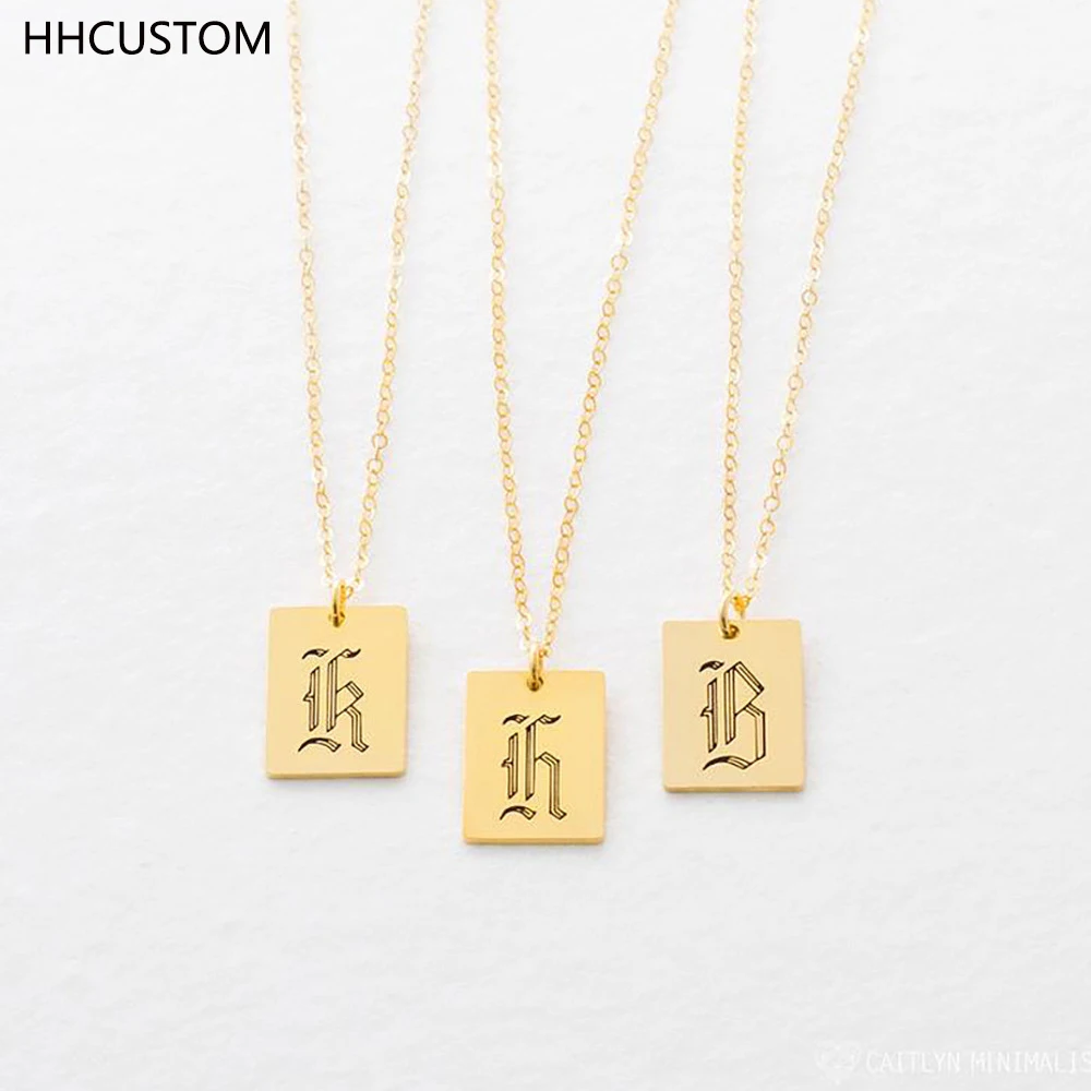 

HHCUSTOM Custom Old English Letter Necklace Personality Stainless Steel Engraved Initials Square Round Pendant For Women Jewelry