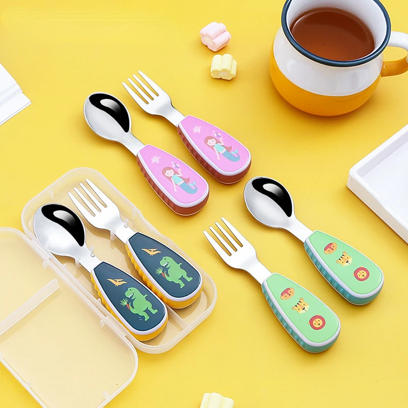 

kids fork Stainless steel children's small spoon cartoon pattern baby feeding spoon and fork portable box tableware set