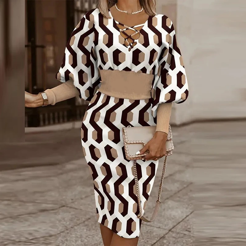 

Autumn Winter Office Lady Commute Print Harajuku Dress Sexy Hollow Mesh V-Neck Dress Women Patchwork Lantern Sleeve Party Dress