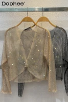 2022 autumn new bright light diamond sheer cutout small shawl socialite style light luxury short coat cardigan for women