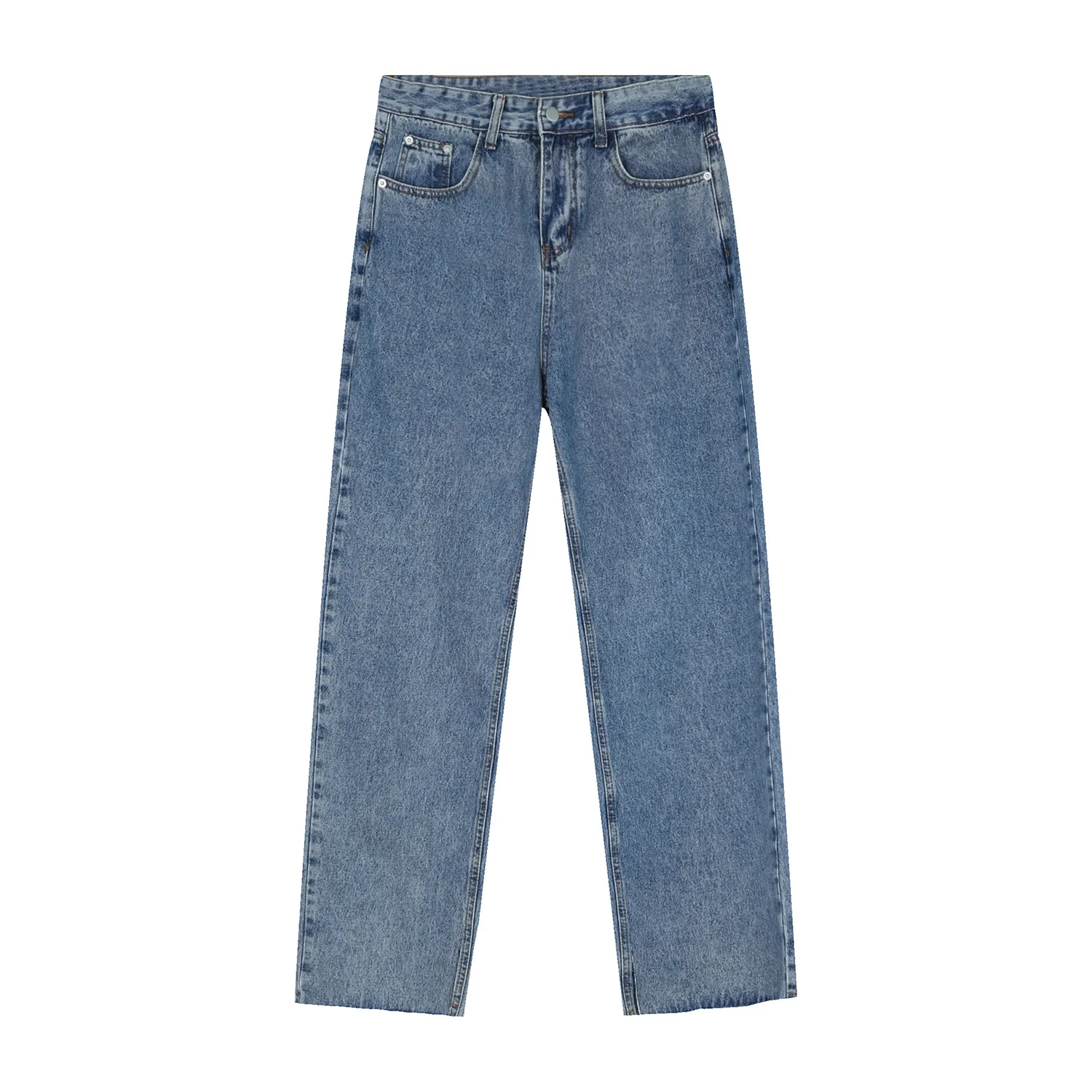 Four seasons men's Korean version split raw edge pocket stitching jeans men's wide leg pants fashion streetwear ins hot sale