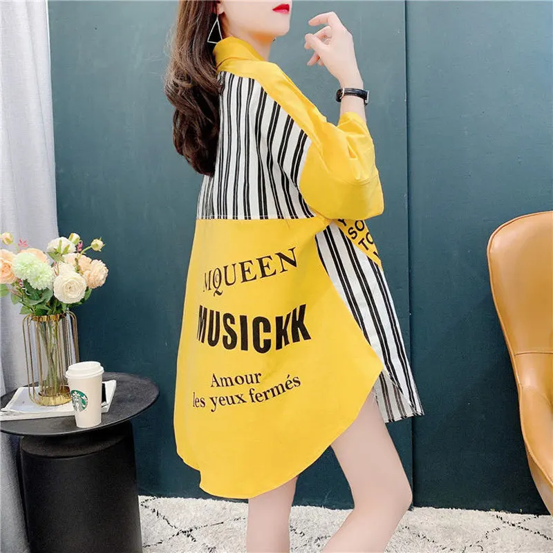 

High Street Fashion Turn-down Collar Midi Blouse Women's Clothing Striped Letter Printed Summer New Casual Single-breasted Shirt