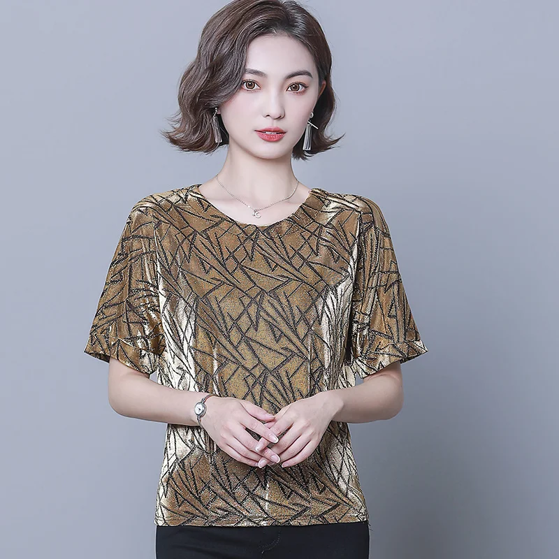 

#1421 Gold Purple Silver Mesh Shiny T Shirt Women Short Loose Elegant Office Lady Bat Short Sleeve T Shirt Women Sexy Summer